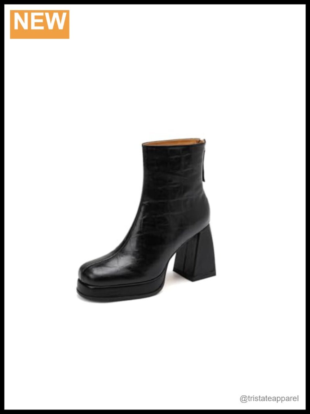 Genuine Leather Square Toe High Chunky Heel Zip Ankle Boots